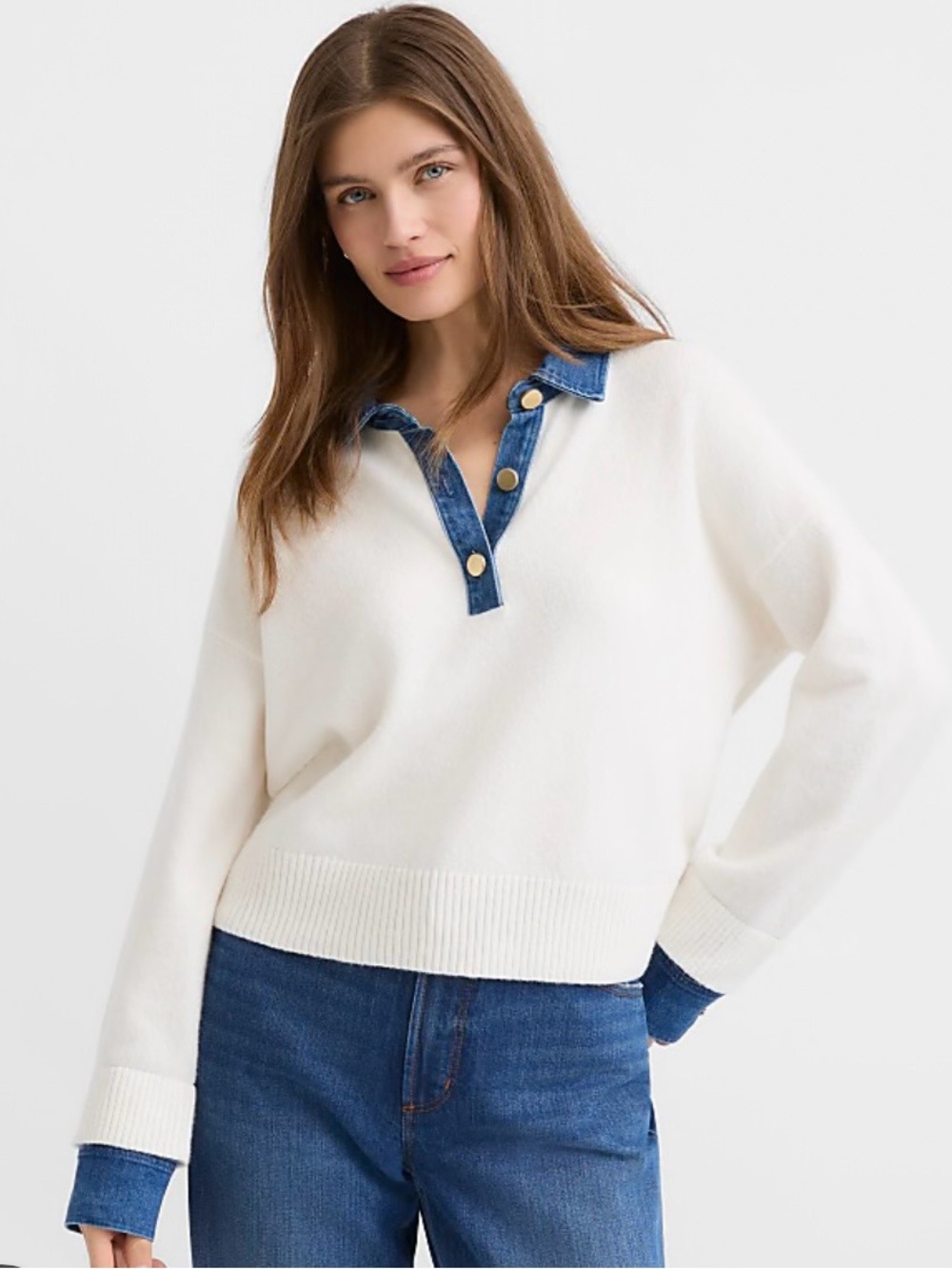 LOFT Petite Women’s Denim Trim White Henley Sweater, size XSP